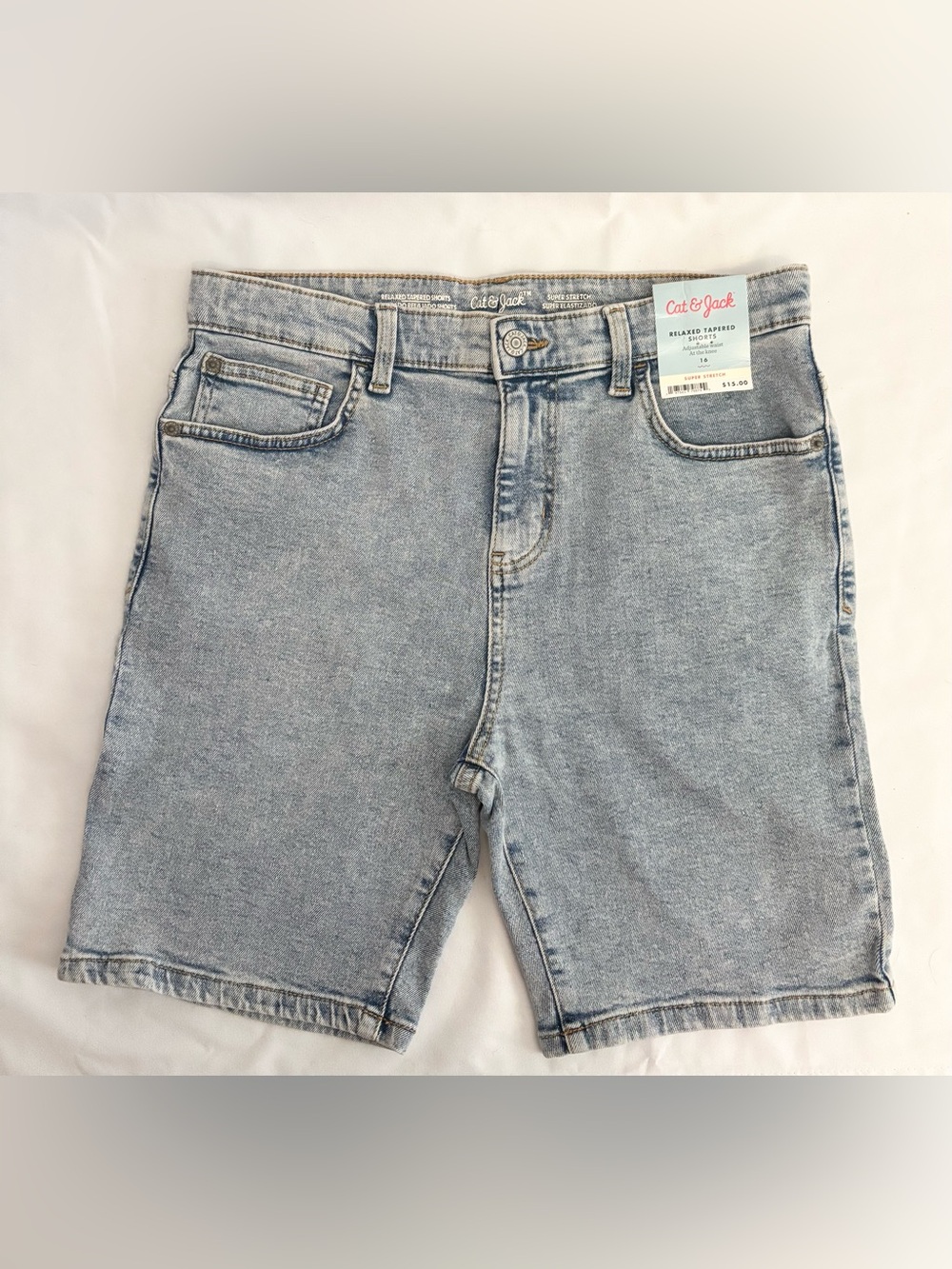 🔥Cat & Jack Boys Faded Blue Relaxed Tapered Denim Shorts, Size: 16, NWT